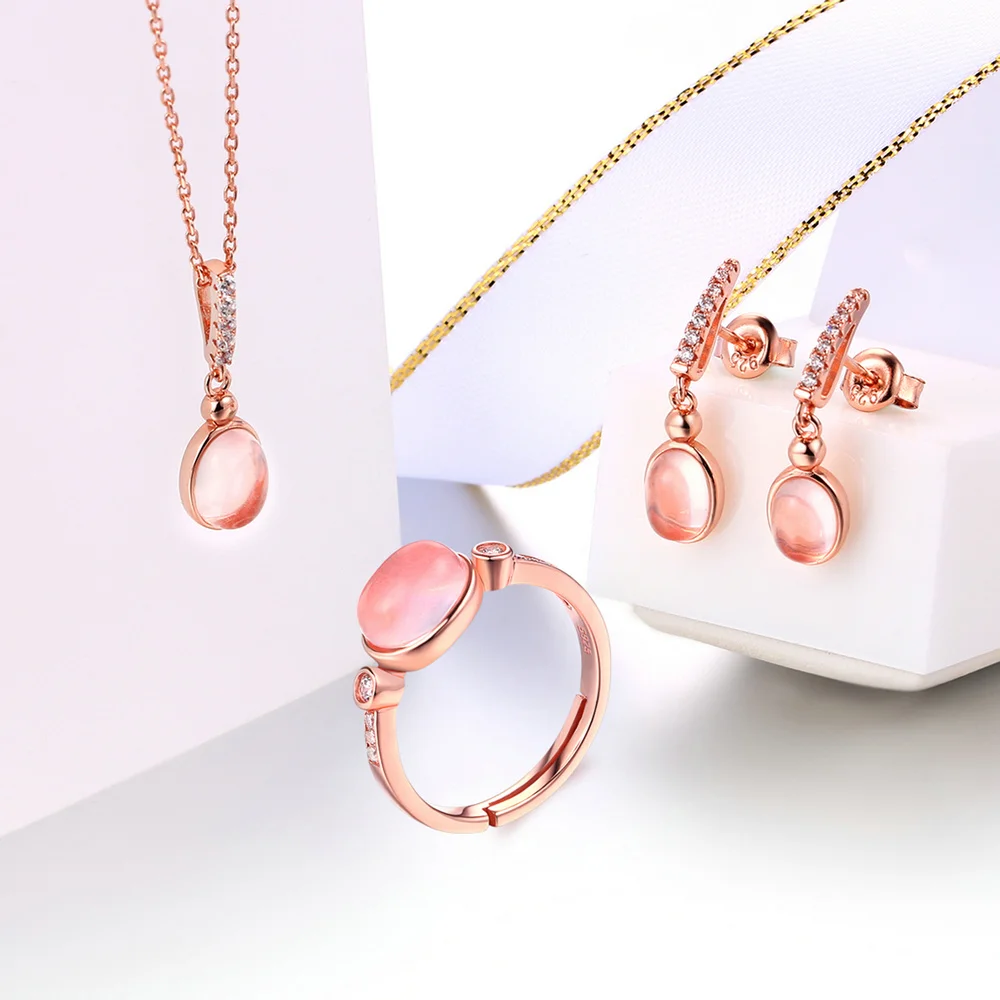 MoBuy набор ювелирных изделий из стерлингового серебра 925 пробы, Розовый овальный натуральный драгоценный камень, розовый кварц, розовое золото, ювелирные украшения для женщин V021ENR