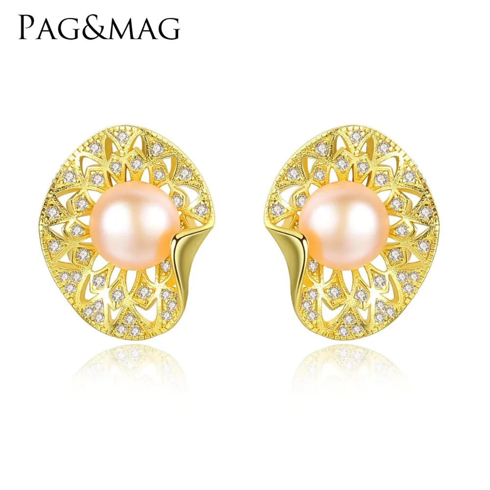 

PAG&MAG 925 Sterling Silver Big Stud Earrings for Women Natural Freshwater Pearl Exquisite Yellow Gold Color Fine Jewelry Gifts