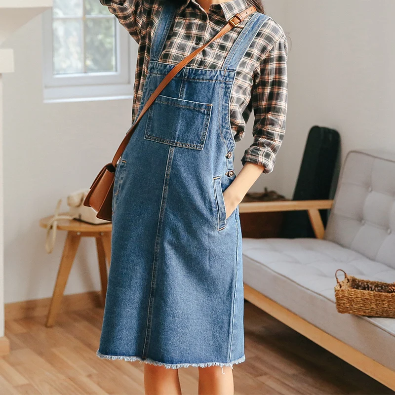 Spring solid color Denim Strap Dress Women Pocket brushed hem Jean Strap knee length Dress Female College style Overalls