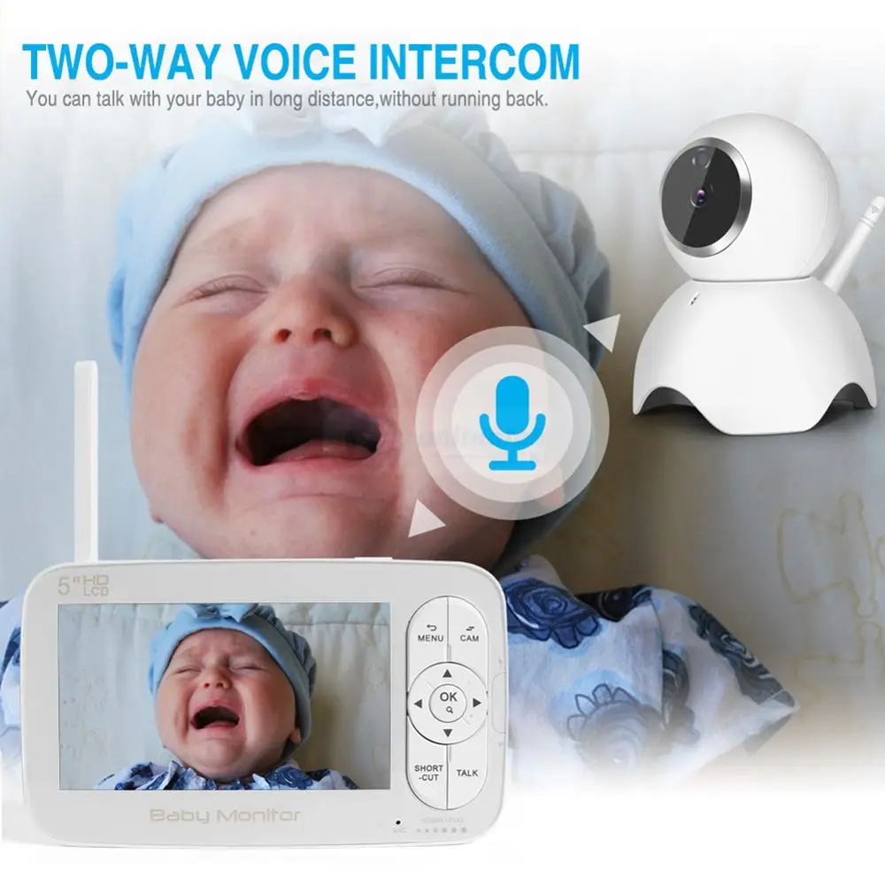 2.4G Wireless 720P Baby Monitor PTZ HD 5 inch Schermo LCD A Due Vie Audio Suono di Allarme di Tempe