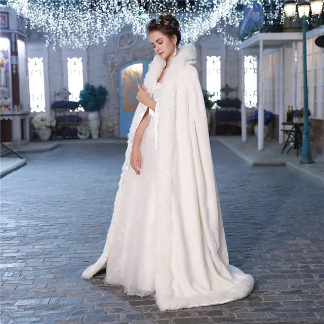 Price Ivory wedding cape winter women's long bridal cloak entirely made of fake fur and fake fur tirm
