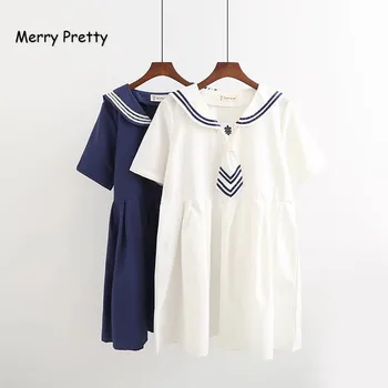 

Merry Pretty White Navy Tie Sailor Collar Girls Cotton Dress Embroidery Mini A Line Dress Summer Preppy Style Sweet Dress Women