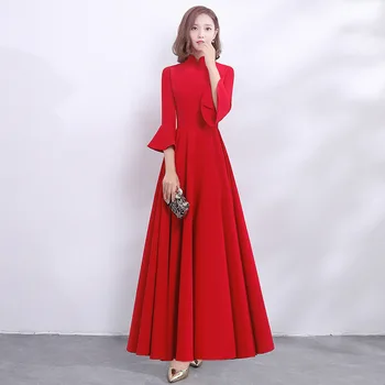 

Chinese Red Solid Women Cheongsam Asian Bride Wedding Evening Party Dresses Mandarin Collar Long Qipao Elegant Slim Clothes
