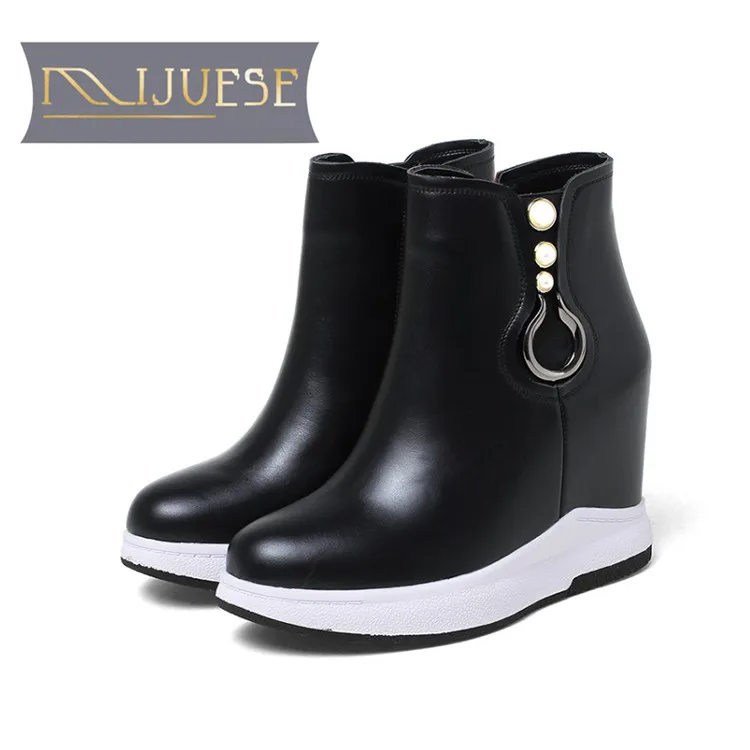 

MLJUESE 2019 women Mid calf boots cow leather slip on autumn spring metal decoration platform wedges women boots