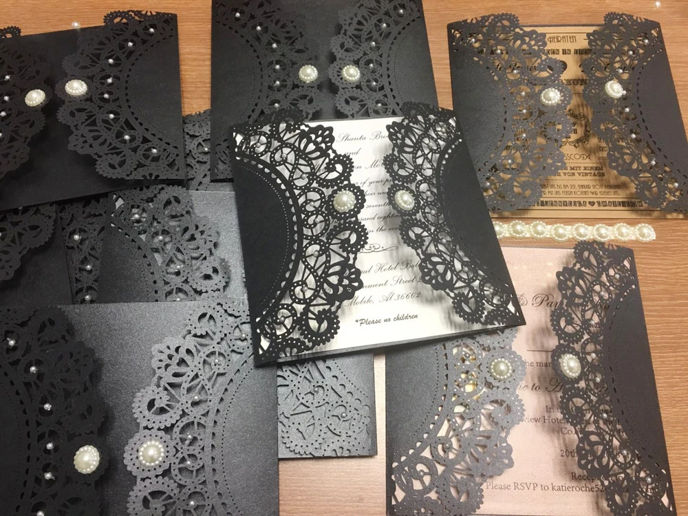  Laser Cutting Invitations Black Wedding Invitation With Customized Wording - Set of 50 - 32863454569