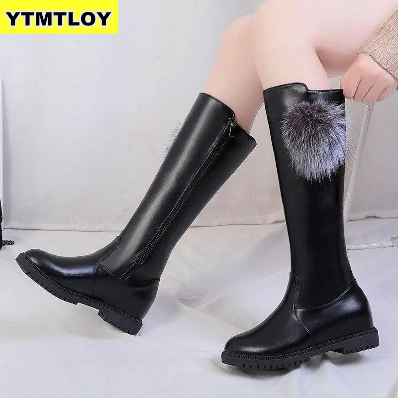 

2019 Fashion Ladies Knee High Winter Boots Pu Leather Flat Boots Woman Zip Warm Fur Women Thigh High Boots Shoes Botas Mujer