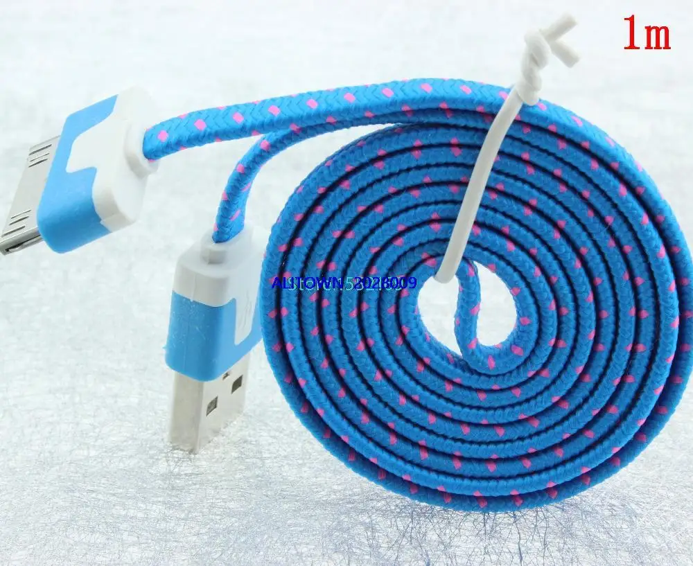 200pcs lot 10 Colors 1M 3Ft flat USB Charger Cable Data Sync Braided Wire Fabric Cloth Nylon Woven Cord for iPhone 4 4S Fedex