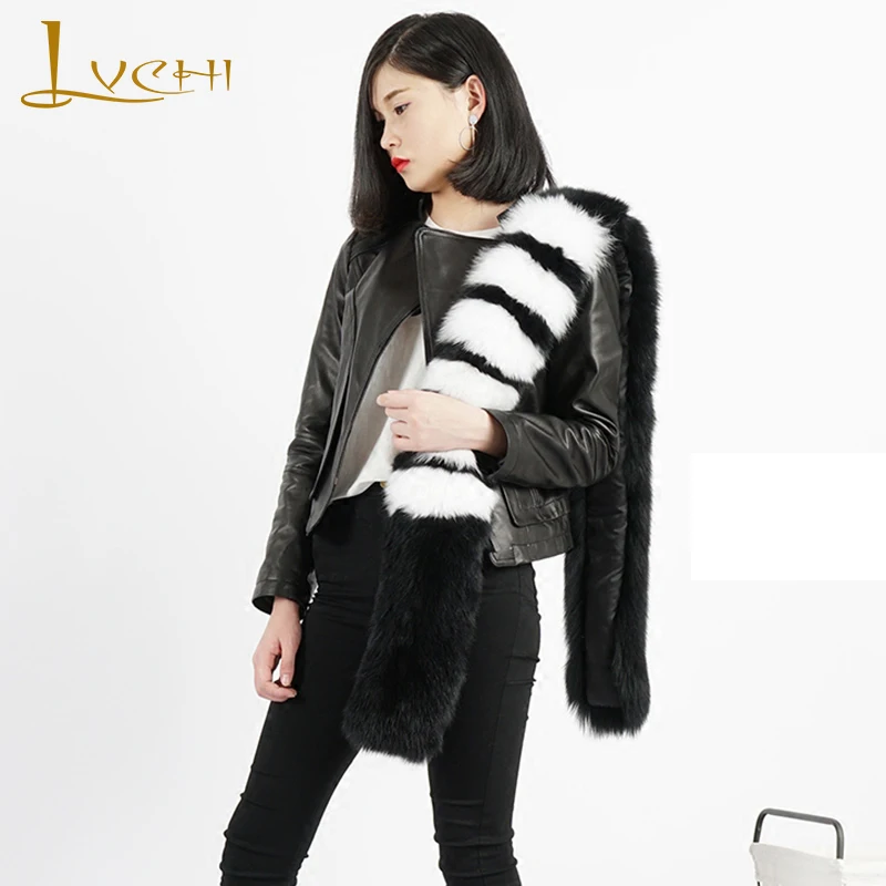 

LVCHI 2019 Women Natural Real Fox Fur Scarves Colorful Warm Fox Fur Collar Warm Black White Striped Scarf Natural Fox Fur Shawl