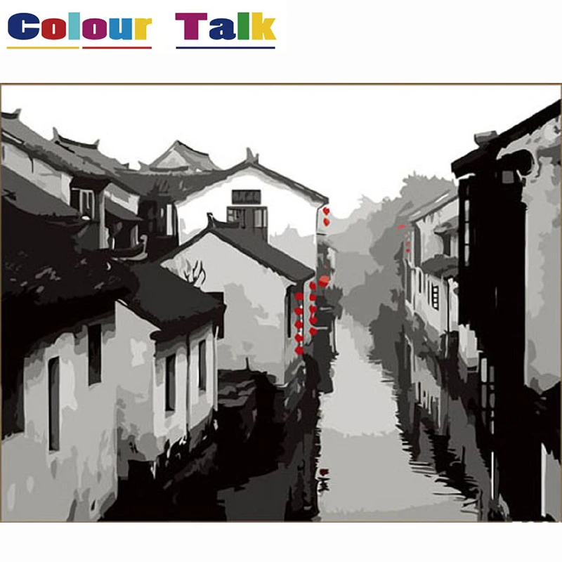 Coloring Painting by Numbers Frameless Pictures Wallpaper Painting Calligraphy by Number Drawing Landscape Home Decor Ink Town (2)