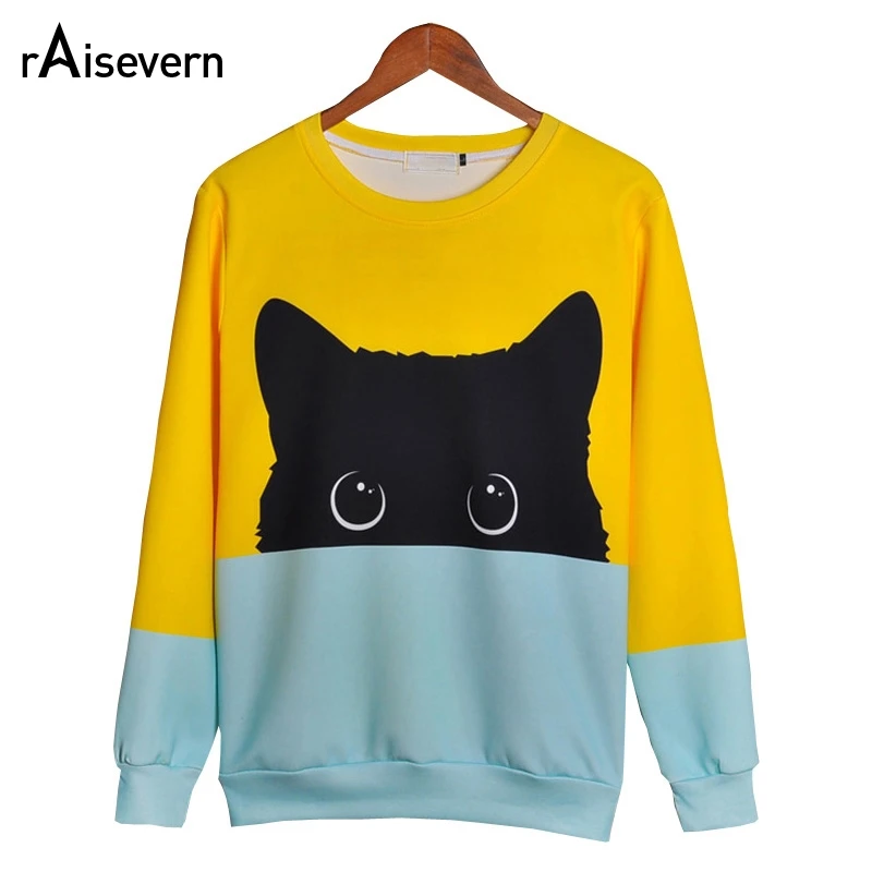 Baratos Raisevern Cute gato negro sudadera contraste 3D sudaderas manga completa gato Hoodies Girl Sweatshirt Pullover tapas Dropship