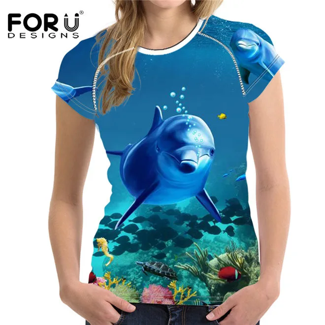 FORUDESIGNS/женская летняя футболка “морской Дельфин” с принтами футболки для женщин