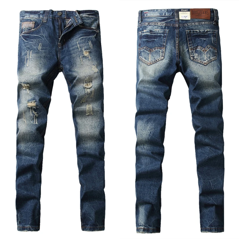 

Superstar Mens Blue Jeans Ripped Denim Trousers Slim Fit Waterwashed Jeans Men Pants New Famous Brand Jeans With Logo H608