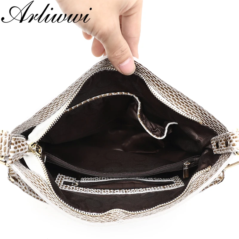 Arliwwi Brand Designer New Real Leather Shiny Snake Pattern Embossed Female Shoulder Bags High Quality Women Everyday Handbags