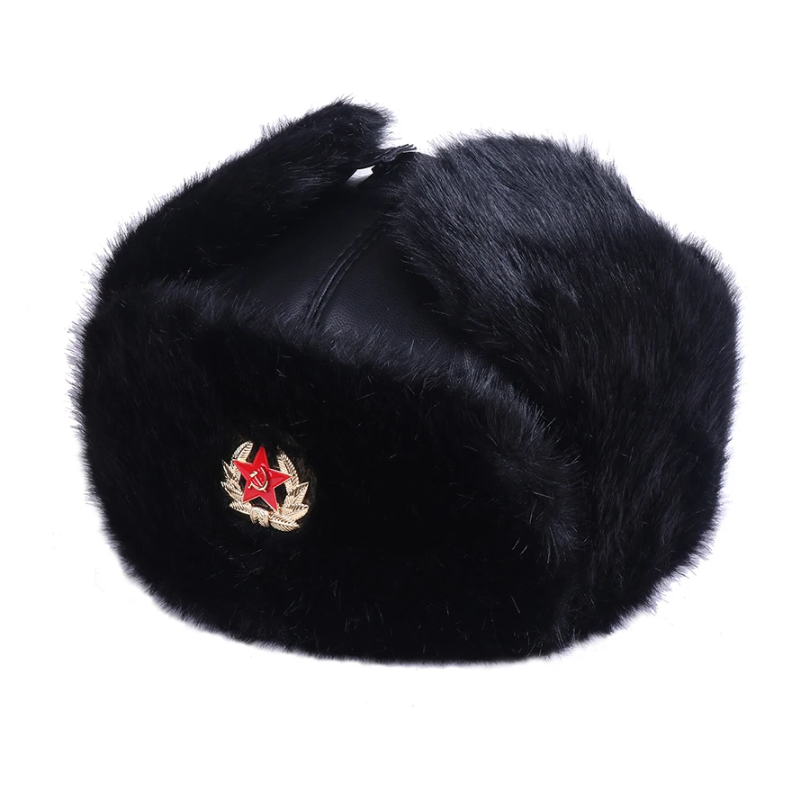 

Bomber Hats Soviet Badge Fur Russian Army Military Cossack Ushanka PU Leather Earflaps Winter Trapper Hunting Hat Snow Ski Cap