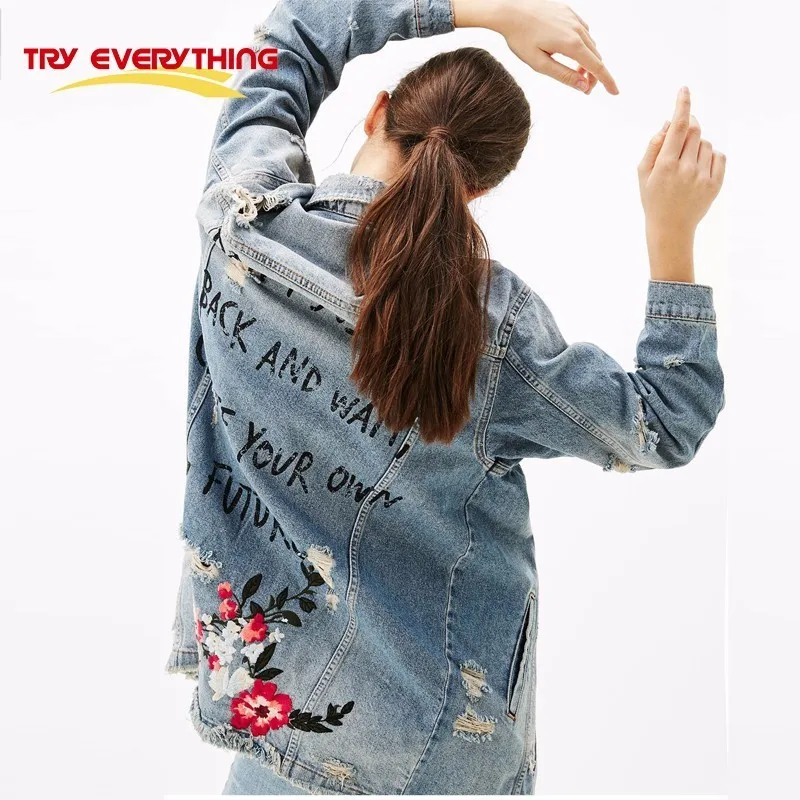 Finest Embroidery Womens Jackets And Coats 2019 Autumn Ripped Oversized Long Denim Jacket Women Plus Size