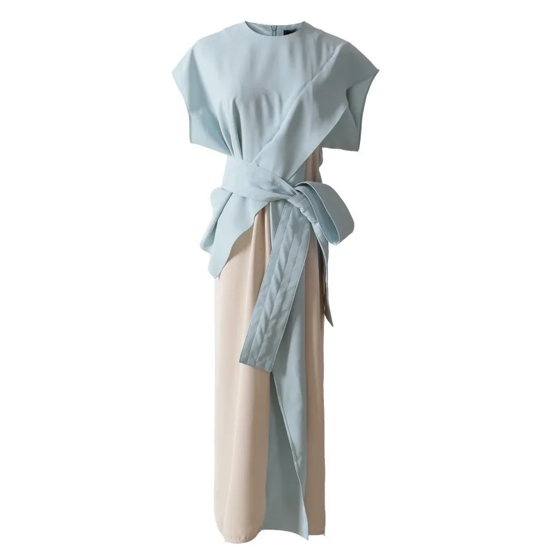 [EAM] весенне-летнее Модное Новое Женское платье с круглым воротником и коротким рукавом хитового цвета с вышивкой и рюшами YC846