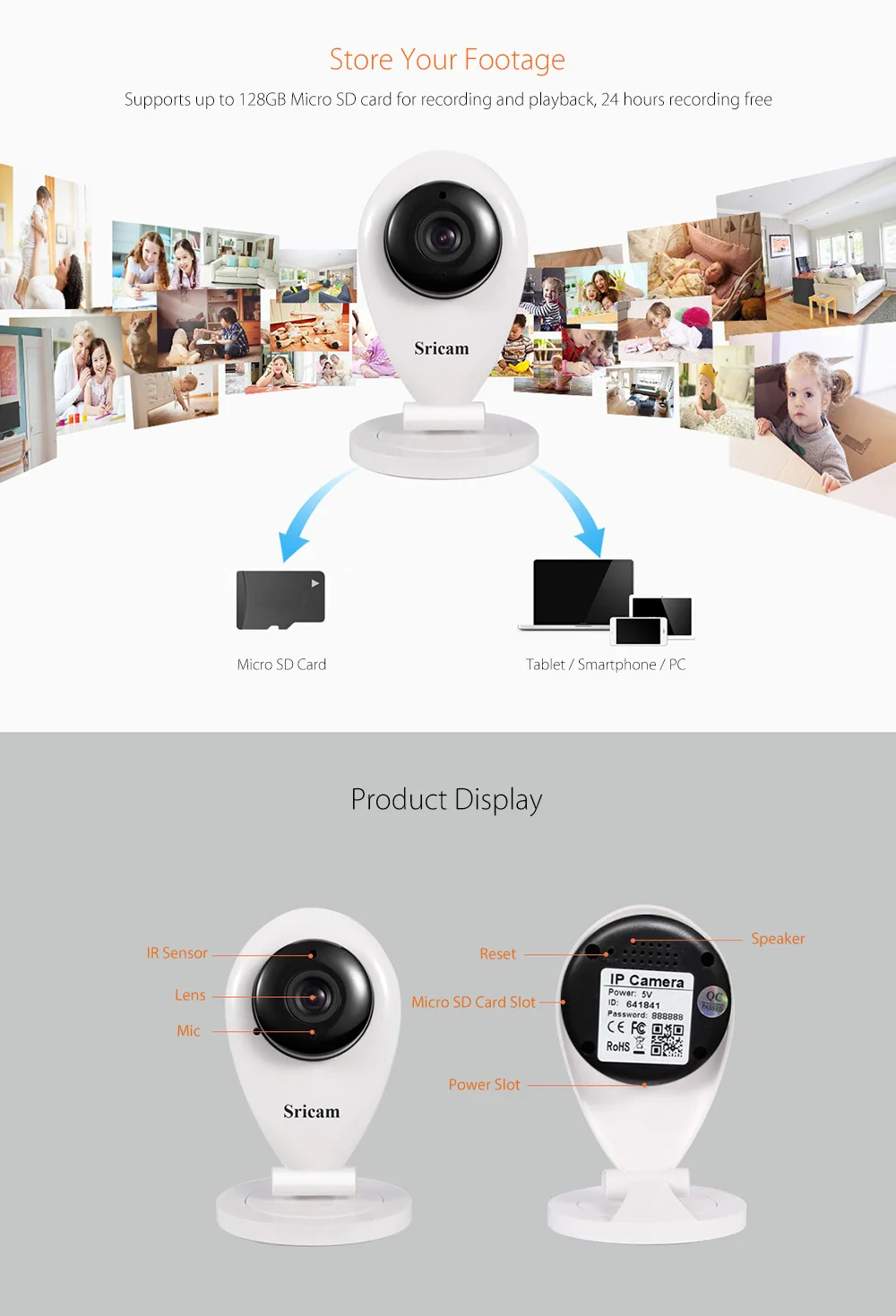 Sricam SP009 720P H.264 WiFi 1.0MP Wireless ONVIF CCTV Security IP Cam Pet Camera TF Slot