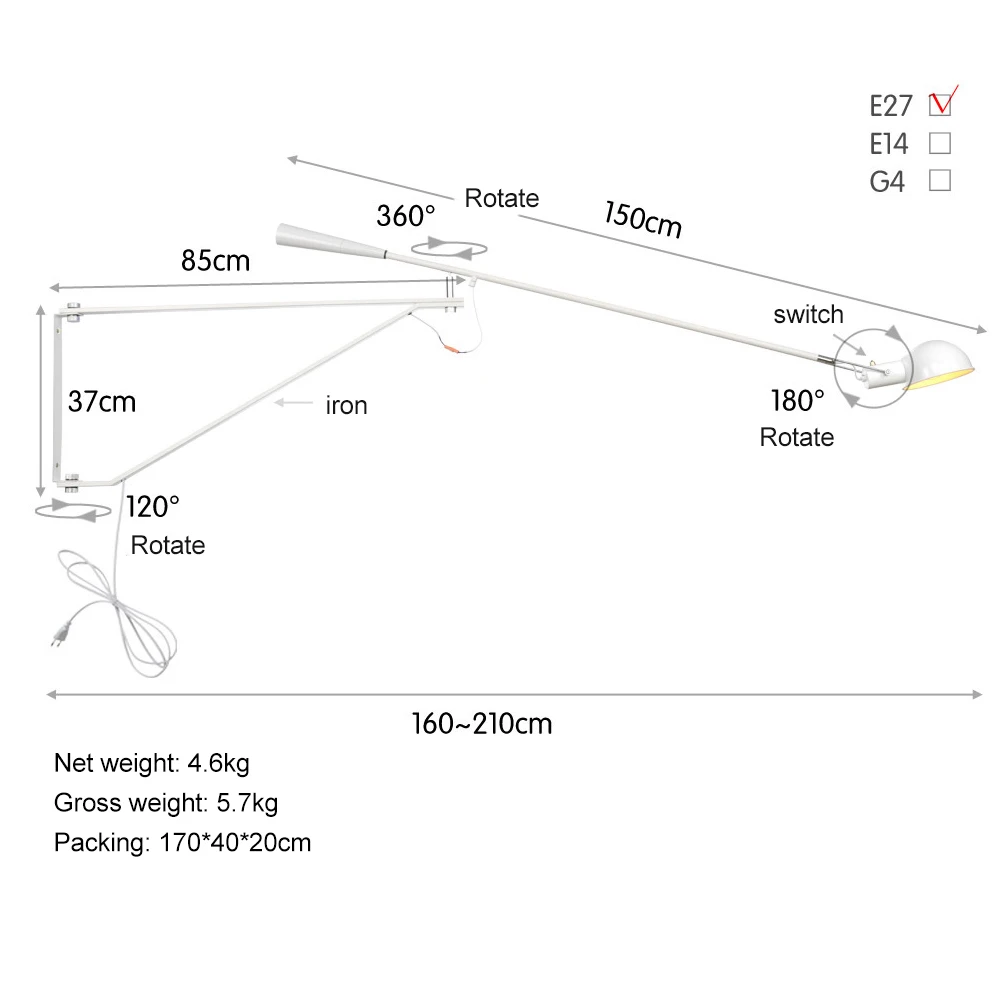 Led Wall Lamp Light Long Swing Arm Black White Lights For Home
