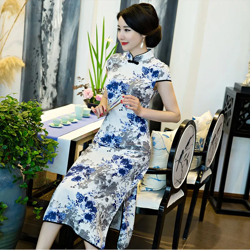 

Spring Long Cheongsam Slim Floral Casual Vintage Women Dresses Cotton Tang Suit Traditional Qipao Dress