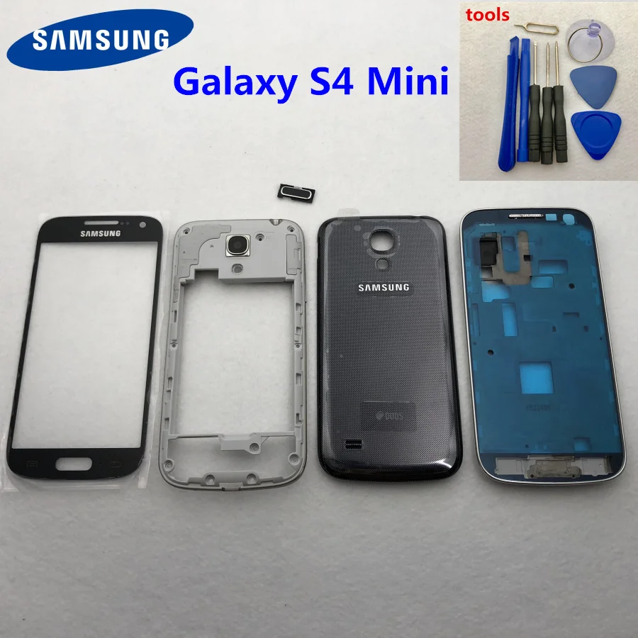 

Full Housing Case For Samsung Galaxy S4 Mini i9190 i9195 i9192 Front Bezel Middle Frame battery door cover +Outer glass + tools
