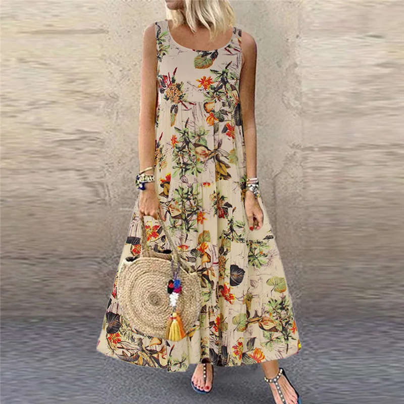 Летнее женское платье больших размеров с круглым вырезом и цветочным принтом, винтажное длинное платье макси без рукавов, новое Повседневное платье длиной до щиколотки - Цвет: Beige
