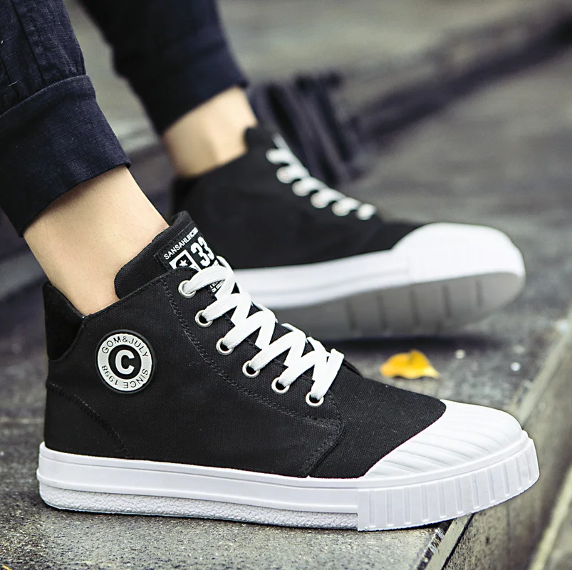Fashion Canvas Shoes Men Flats Lace-up Casual Shoes Men Sneakers Summer 2019 High Top Platform Sneakers Breathable Black Shoes