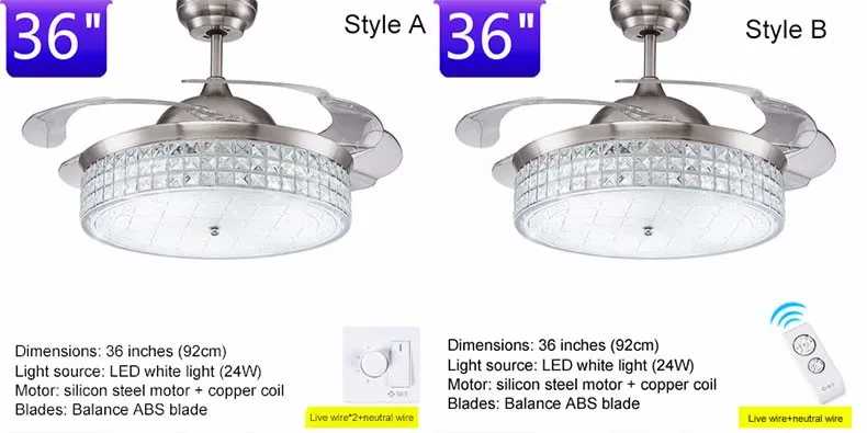 Современные вентилятор Кристалл Выдвижной лезвия Дистанционное управление с подсветкой Невидимый светодиод складной потолочный вентилятор Обеденная лампа