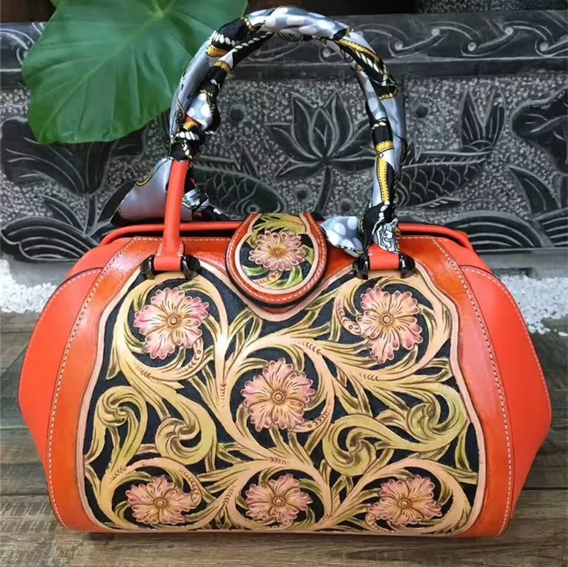 

high quality hand carve vintage flower women genuine leather handbag