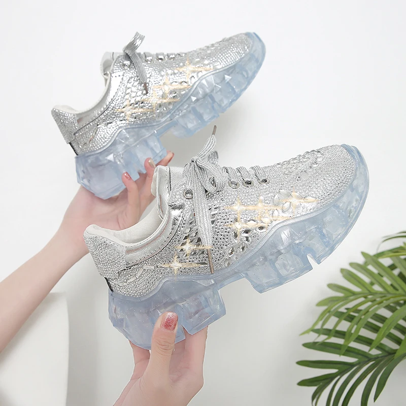 

2019 Casual Bling Shoes Silver Sneaker Women Crystal Platform Chunky Sneakers Femme Rhinestone Zapato De Mujer womens shoes