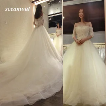 

2019 Boat Neck Wedding Dresses Half Sleeve Vintage Vestido De Noiva Bridal Gowns Long Bride Dresses vestido de noite