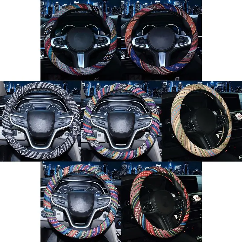 

Universal 15 Inch Braid Ethnic Style Coarse Flax Cloth Automotive Steering Wheel Cover and Sweat Absorption Car Wrap Cover