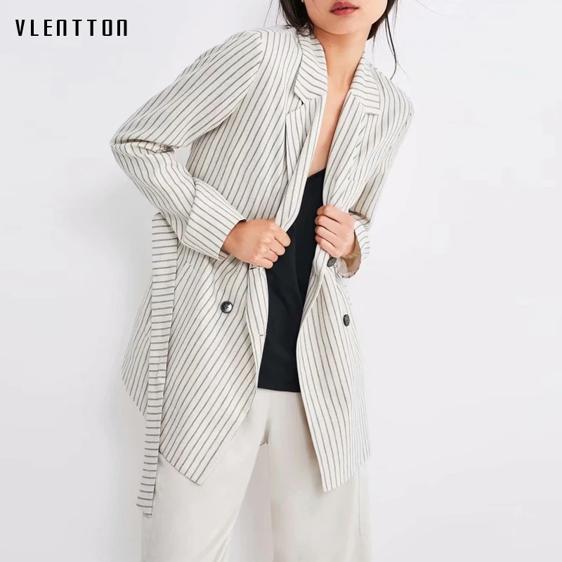 

Autumn Striped Women's Jackets Blazer Double Breasted Long sleeve Sashes Female Jacket Coat Office Lady Blazers Feminino Outwear