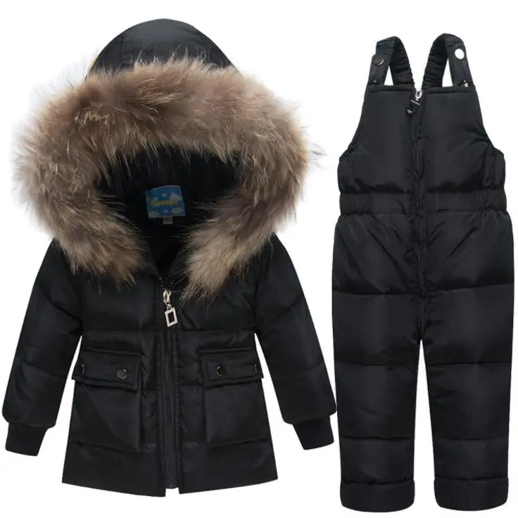 Winter Kids Clothes girls boys down coat hooded kids warm snowsuit outerwear+ romper clothing set kids winter jackets - Цвет: Черный