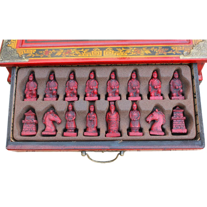 Vintage Collection Chess Chinese Terracotta Warriors Chess Wood Carving Resin Chessman Christmas Birthday Premium Gifts qenueson
