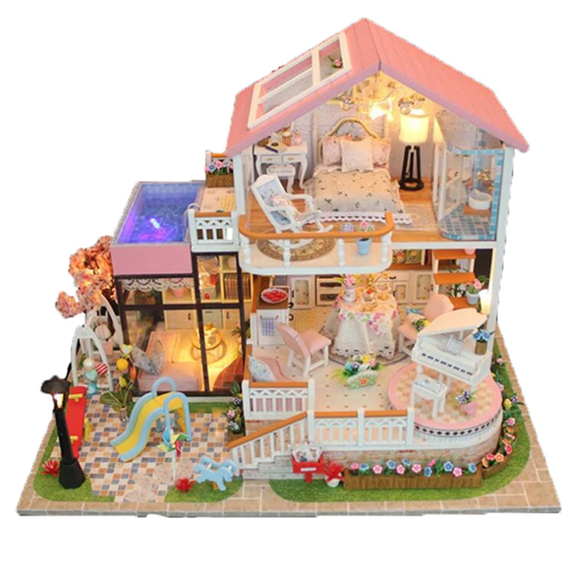 

Friendly House DIY Large Wooden Dolls House Play Dollhouse Miniatures Furniture Toys for Children