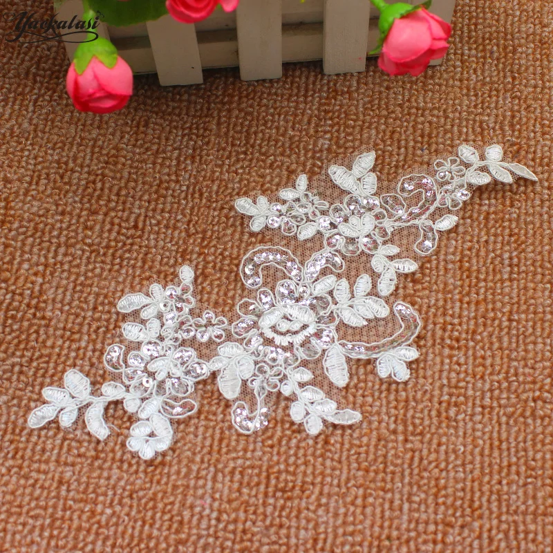 YACKALASI 10 Pairs/Lot Bridal Trims Sequined Wedding Appliqued Flower Mirror Pairs White Patches Sewing Accessories Ivor 23*10cm