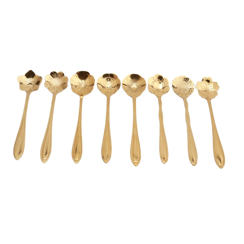 

8PCs/ Set Cherry Blossoms Stainless Steel Tea Coffee Spoon Teaspoons Ice Cream Sugar Flatware Sliver Gold Kitchen Tableware