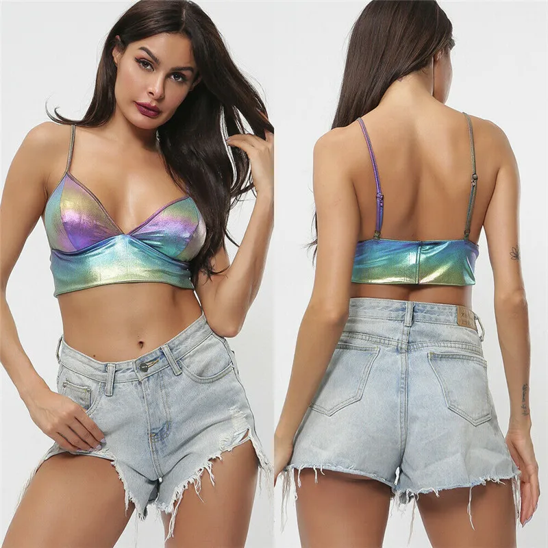 

2019 New Fashion Summer Women Laser Reflective Camis Sexy Ladies Sling V-Neck Vest Tops Backless Women Crop Tops Clubwear