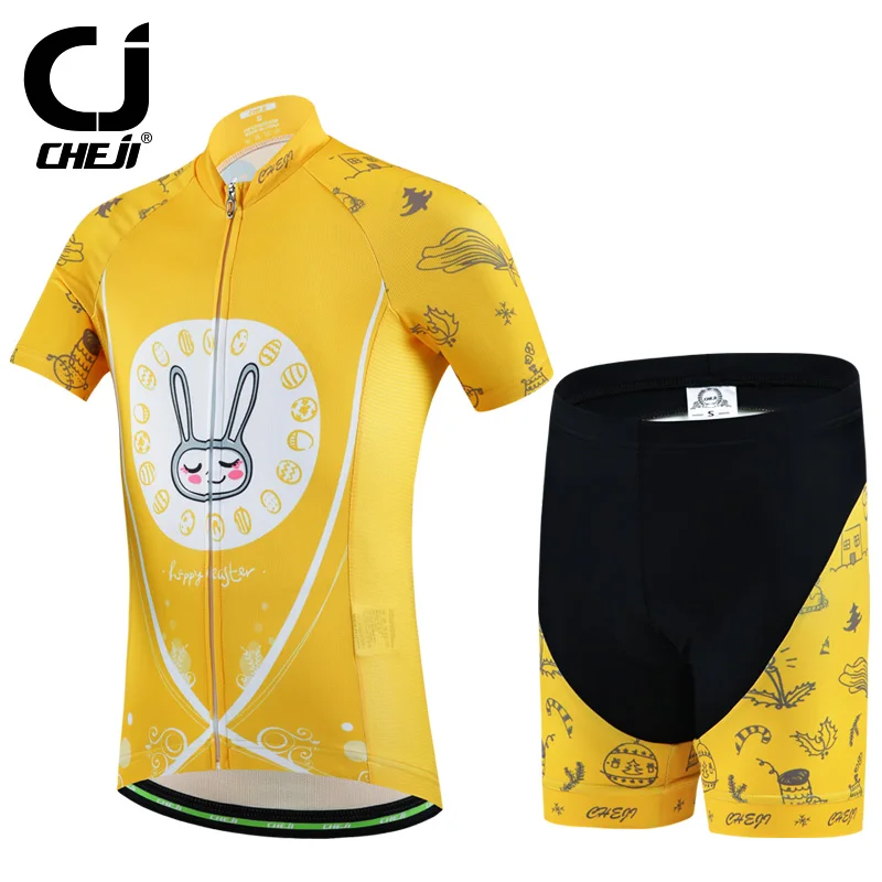 Cheji Children Bicycle Jersey Suit Yellow Cute Printing Kids Cycling