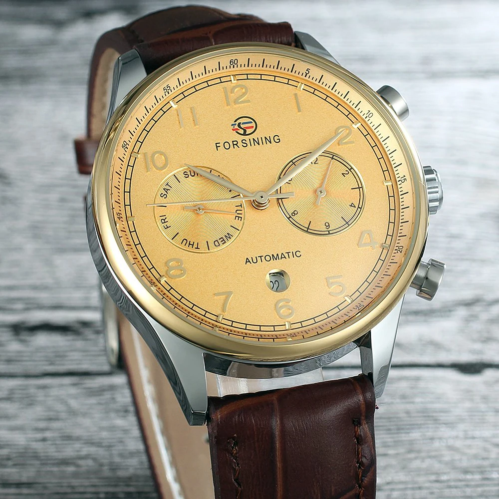 

FORSINING Clocks Men's Leather Belt Business Dress Watch Day Date Automatic Watch Gold Watches For Men Wristwatches Orologi Uomo