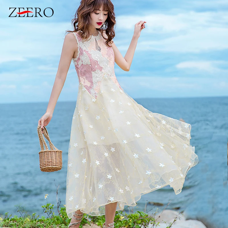 

Sexy Hollow Out Embroidered Mesh Patchwork Lace Long Dress Elegant Summer White Diamond Beach Dresses Women Party Dress Vestidos