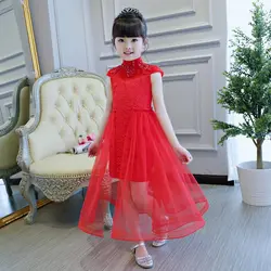 Новинка 2017 года Обувь для девочек Дети красного цвета Кружево платье Детская Роскошная Одежда Для свадьбы, дня рождения Китайский Ципао