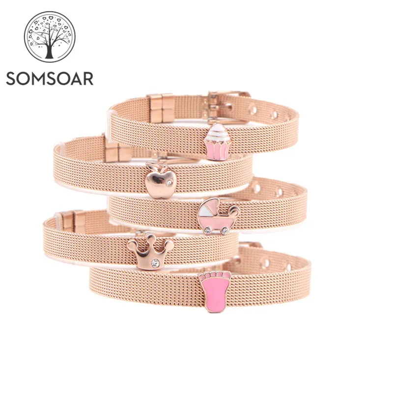 

Drop shipping Somsoar Jewelry Rose Gold Stainless Steel Mesh Bracelet Bangles with cute baby Slide Charms for Mother's Day Gift