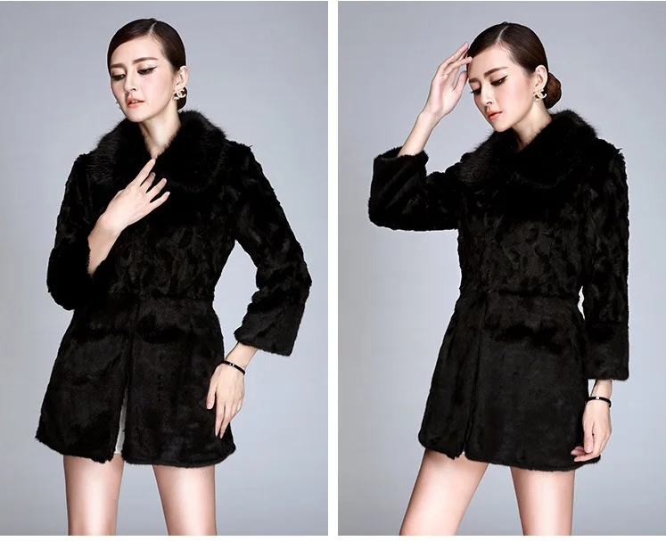Копия новой коллекции года, осенне-зимнее длинное пальто с искусственным кроличьим мехом, Женское пальто с мехом - Цвет: Черный