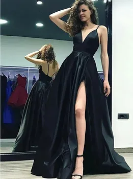 

A-Line V-Neck Sexy Prom Dress Satin Fabric Special Occasion Dresses High Split Black Prom Dress