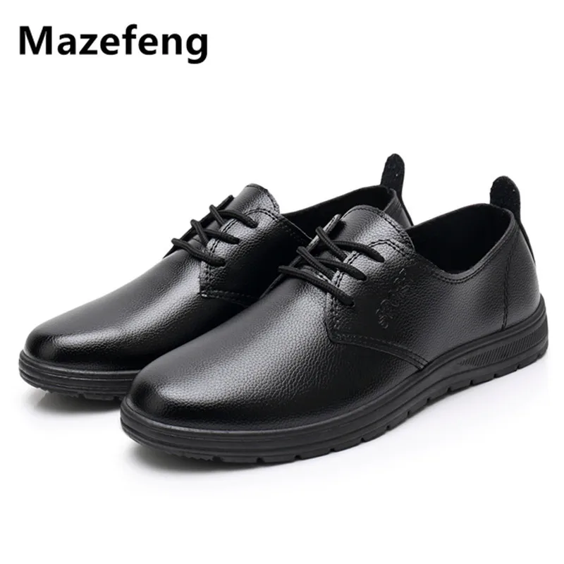Mazefeng zapatos de cuero transpirables para hombre, calzado de vestir de punta  redonda, impermeables, con cordones, color negro, planos|Zapatos formales|  - AliExpress