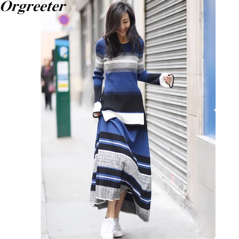 

Women Knitted 2 Piece set Striped Contrast colrs long sweater and Skirt Casual Split Pullovers Top and Ankle-length Skirt Set