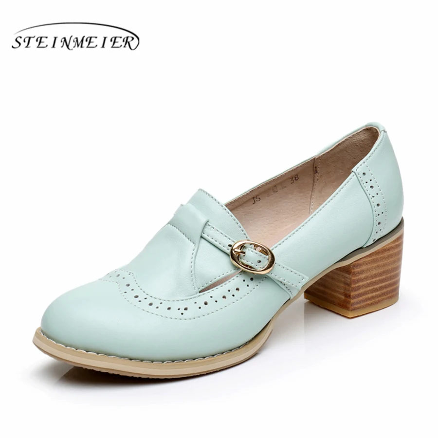 Женская обувь из натуральной кожи; американский размер 9; дизайнерские винтажные туфли-лодочки ручной работы на высоком каблуке с круглым носком; цвет розовый, белый, синий; коллекция года; сезон весна - Цвет: blue