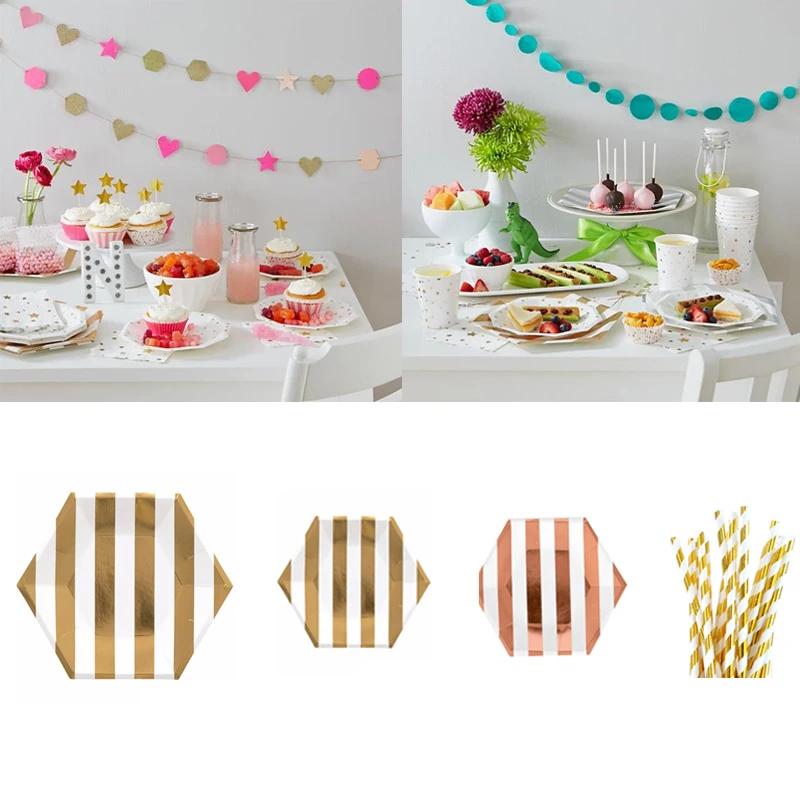 

8Pcs/Set Gold Foil Star Disposable Tableware Party Paper Plates Cups Baby Shower Favor Birthday Party Paper Napkins Tableware