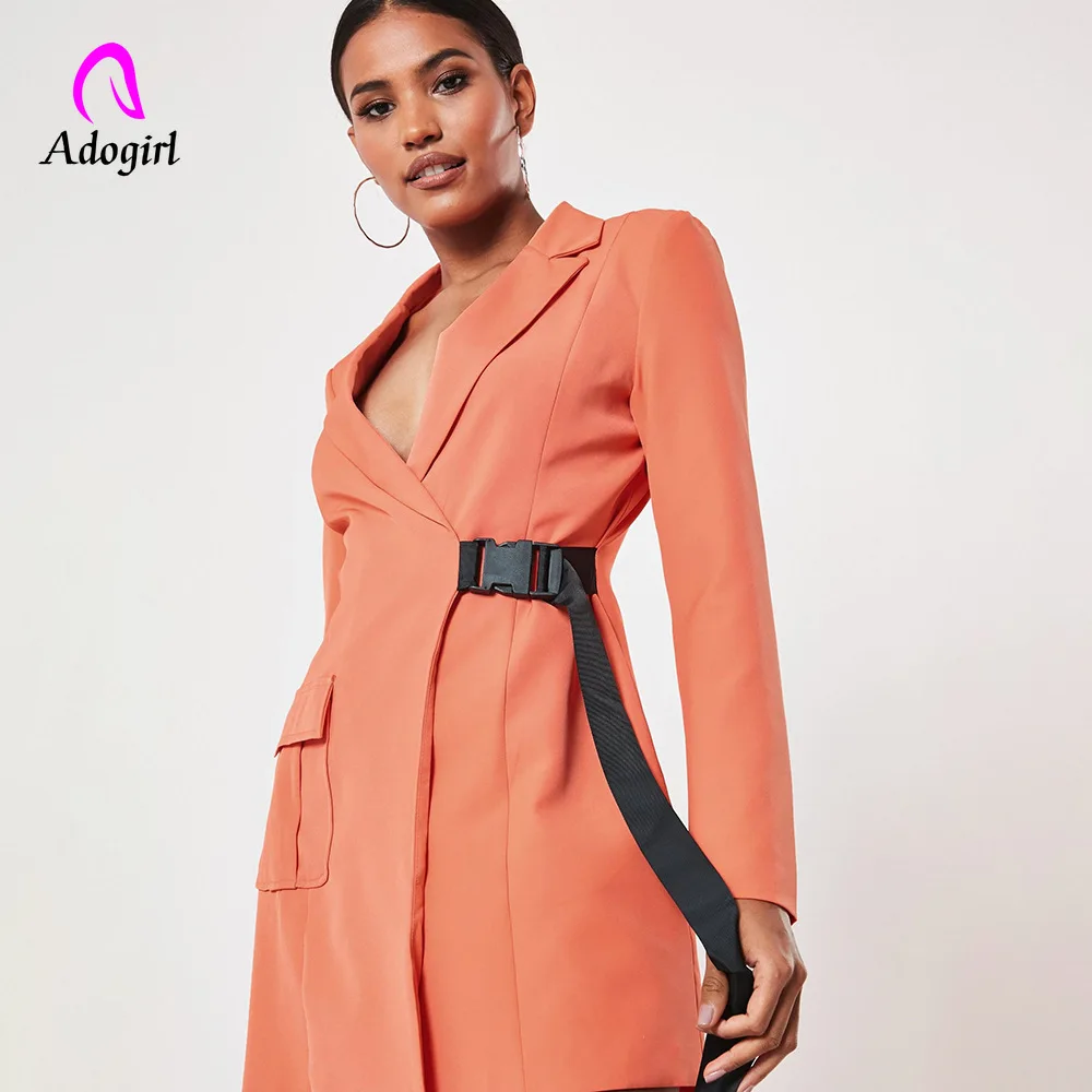 Adogirl Ladies Elegant Notched Collar OL Bandage Long Blazer Women Long Sleeved Slim Jacket Coat Outfits 2019 Autumn New Blazer